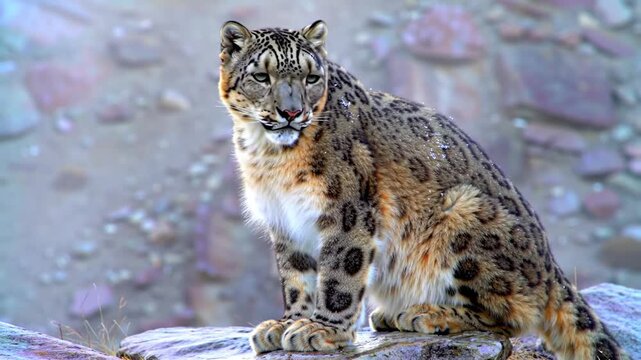 A snow leopard sits poised on a rock. Its coat is tan and spotted, eyes green and focused