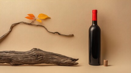 A weathered wooden plank lies horizontally beside a black wine bottle with a red cap,