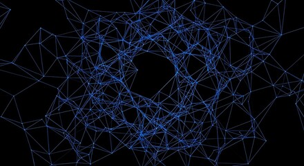 Abstract network of blue lines creating a tunnel effect on a black background with a dark center