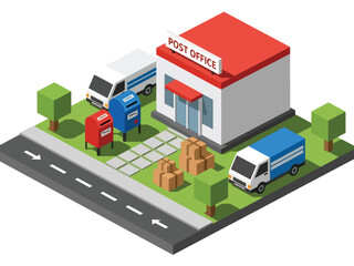 3D Flat isometric post office with delivery trucks, mailboxes, trees, and walkway, ideal for logistics, communication service visuals, and urban infrastructure design