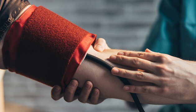 A medical professional measures a patient's blood pressure using a sphygmomanometer, emphasizing healthcare and routine checkups for general wellness and health.