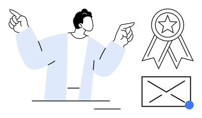 Achievement, recognition, success, communication, personal branding, professionalism. Person raising hands, award ribbon envelope icon. Achievement and recognition symbols in a modern minimal design