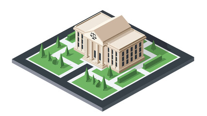 3D Modern isometric courthouse with justice symbol, stairs, and landscaping, ideal for legal, documentary, political, and city infrastructure illustrations