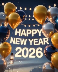 Happy new year 2026 celebration with gold and silver balloon
