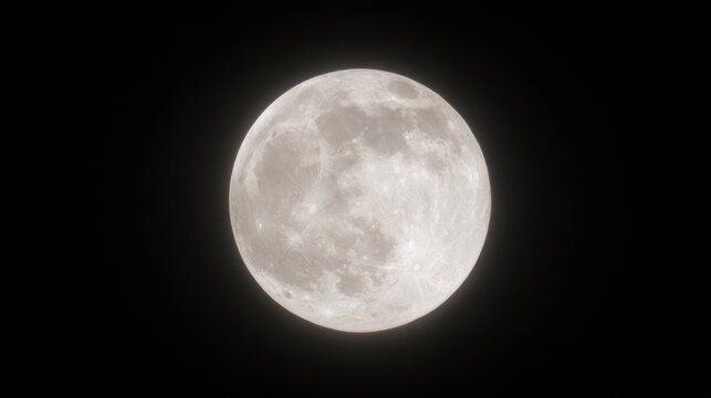 Close-up view of a luminous full moon floating in a starless night sky, revealing detailed craters and celestial textures.