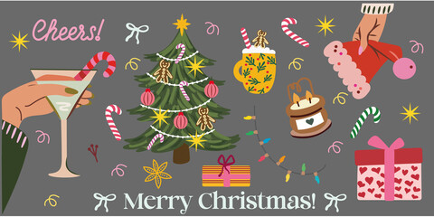 Festive Christmas illustration with a decorated tree, holiday drinks, gifts, candles, candy canes, and cheerful winter elements. Perfect for greeting cards, banners, posters, and seasonal designs.