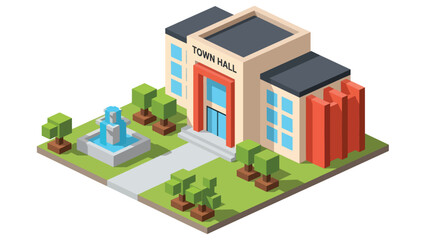 3D View Isometric city hall with fountain, walkway, and trees, ideal for government-themed illustrations, public administration visuals, and smart city mapping