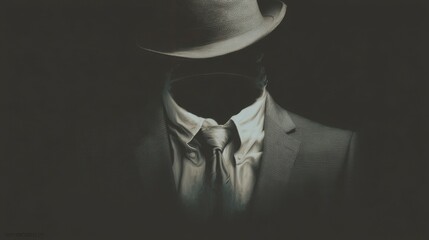 A mysterious man in a suit and tie wears a wide-brimmed hat casting shadows over his face,