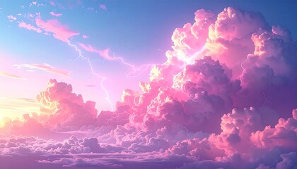 A dreamy sky filled with pink and white clouds with visible lightning flashes