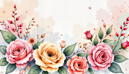 Greeting card with colorful floral arrangement with roses and greenery on soft background, copy space?  