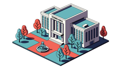 3D View Isometric city hall with fountain, walkway, and trees, ideal for government-themed illustrations, public administration visuals, and smart city mapping
