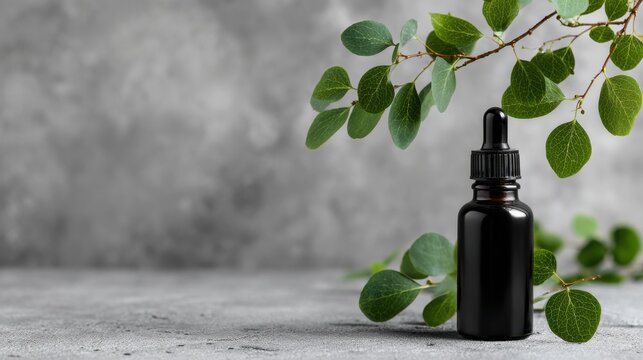 A black glass bottle is placed next to green leaves on a gray surface. The setting suggests a focus on natural products or herbal remedies, highlighting simplicity