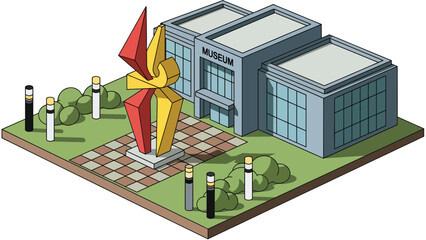 3D View Flat isometric museum with banners and sculpture outside, suitable for cultural, educational maps, and travel-themed design collections