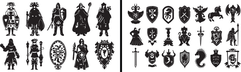 Fototapeta premium Medieval knight vector, warrior silhouette art, ancient armor design, heroic knight illustration, battle warrior artwork, middle age fighter drawing, medieval history decor, sword and shield vector, c