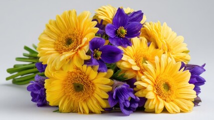 A vibrant bouquet featuring yellow gerbera daisies and purple statice flowers with fresh green stems stands out against 