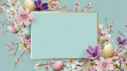 A square with beige borders on mint green background, adorned with cherry blossoms, daisies, crocuses,