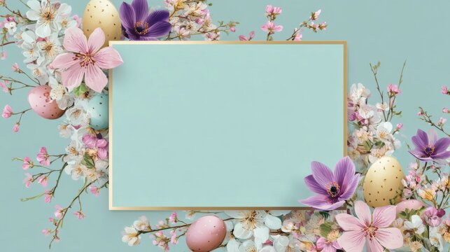 A square with beige borders on mint green background, adorned with cherry blossoms, daisies, crocuses, - Powered by Adobe