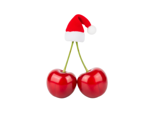 Sweet Red Cherries Wearing a Festive Miniature Santa Hat for Christmas Holidays Isolated on White - Powered by Adobe
