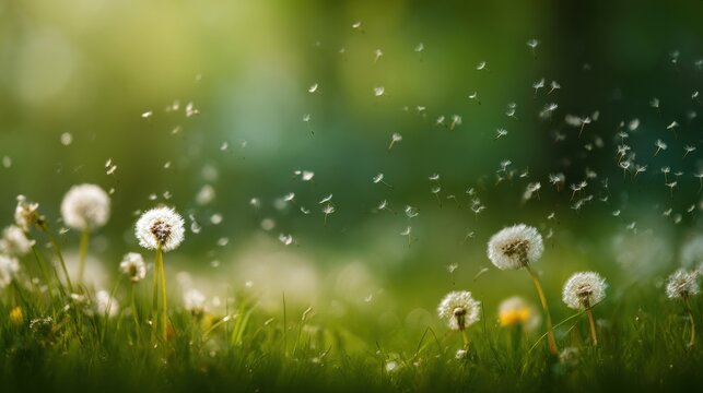 Fototapeta Dandelions stand in a green field as their seeds float through the air on a sunny afternoon. The garden has flowers and grass all around