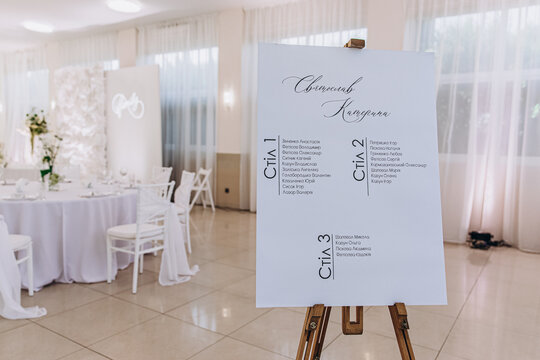 Elegant wedding reception with seating chart and beautifully decorated tables