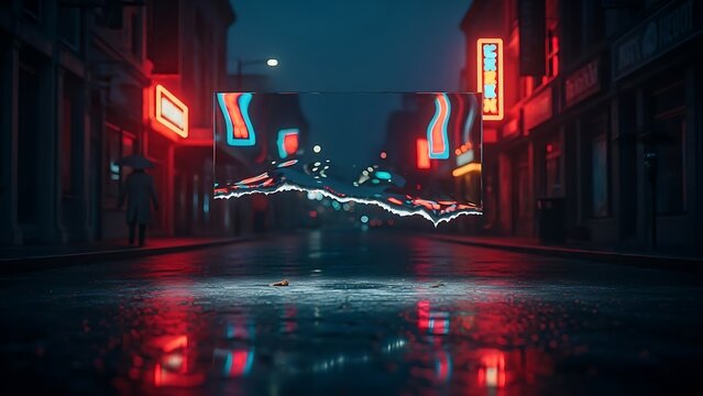 Nightlife crowd dancing on the urban street under bright neon lights