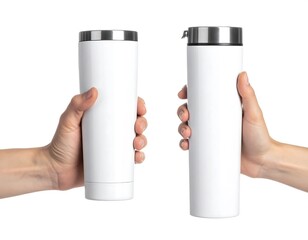 Mockup showing a pair of hands holding two white tumblers on a white background