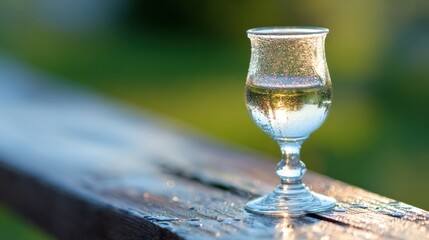 Crystal clear grappa in a glass with morning dew on a rustic surface. bar promotions, beverage menus, designed for product packaging and bar promotions, enhances appetite appeal.
