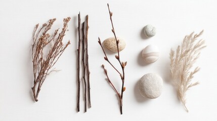 A collection of dried plant materials arranged neatly on a white surface with twigs, branches, small buds,