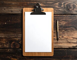 Minimalist wooden clipboard with blank paper and pen on rustic wood surface