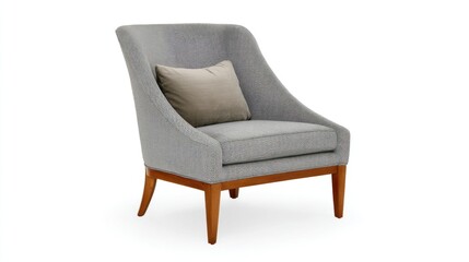Modern light grey fabric chair with textured sheen, curved backrest for comfort, padded seat, neutral cushion,