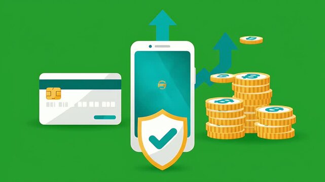 Digital Payment Technology with Smartphone, Card and Coins on Green Background