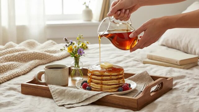 caucasian hands pouring maple syrup onto pancakes with butter and berries. wooden tray with coffee cup on bed with linen sheets. cozy morning breakfast concept.