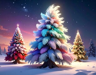 Winter landscape with Christmas trees, snowy ground, and a starry sky