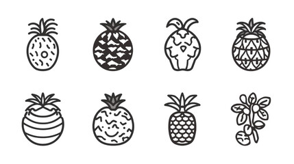 Fototapeta premium A collection of eight pineapple and floral outline illustrations on transparent background silhouette