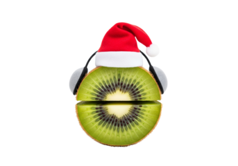 Festive Kiwi Fruit Wearing Santa Hat and Headphones