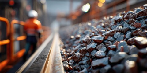 Mining Industry: Conveyor Belt with Ore Rocks and Worker Inspecting Minerals at Australian Mine