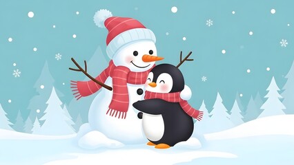 Fototapeta premium Snowman hugging penguin cute winter friendship illustration