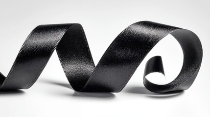 An elegant black satin ribbon gracefully loops and cascades on a pristine white surface,