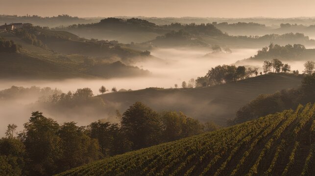 Nebbiolo grape vineyard on Piedmont hillside with morning fog and rolling hills. travel magazines, destination branding, designed for outdoor magazines and nature guides.