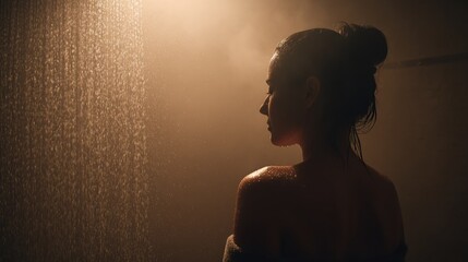 High Resolution Image of Woman Standing Under Rainfall Shower With Sparkling Water Droplets