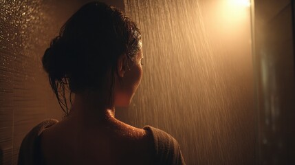 High Resolution Image of Woman Standing Under Rainfall Shower With Sparkling Water Droplets