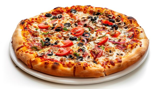 Fresh pizza with tomatoes, olives, mushrooms, onions and melted cheese on white plate