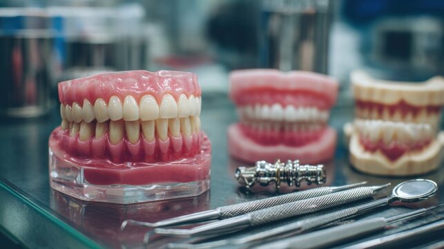 Dental models show different types of human teeth arranged on a table with various dental tools in a clinic setting during the day
