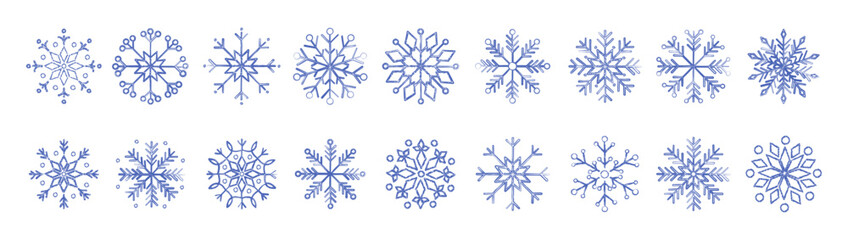 Set of chalk textured snowflakes in a soft crayon style. Winter decorative frosty elements with rough grainy lines, perfect for festive designs, Christmas graphics, stickers and holiday prints.