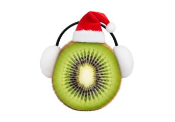 Merry Kiwi Fruit Slice Dressed for Christmas Winter Season with Santa Hat and Earmuffs