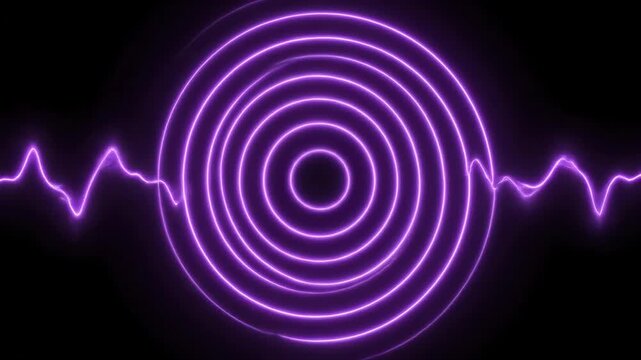 Abstract motion graphics loop of expanding and contracting concentric bright purple rings pulsing rhythmically outward across a seamless dark background purple, seamless, concept