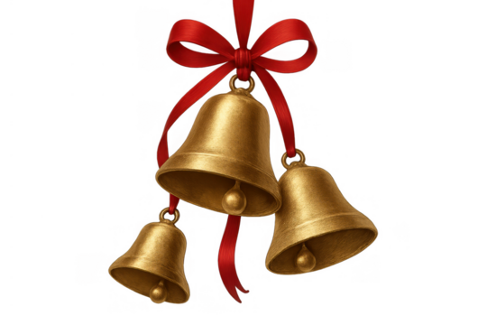 Golden christmas bells hanging on red ribbon bow, festive holiday decoration with transparent background - Powered by Adobe