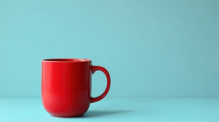 A glossy red mug with an inward curving handle stands alone on a flat surface against a plain light blue background,