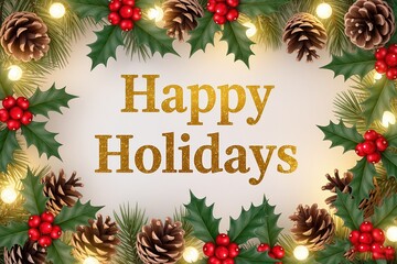 Festive decor scene, Christmas wreath with berries and twinkle lights