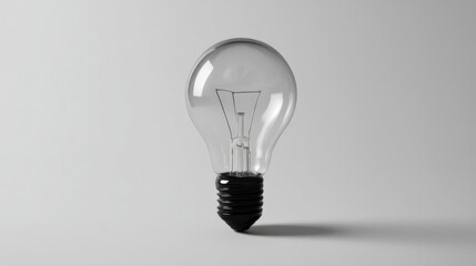 A transparent glass bulb with an inverted V-shaped filament connected to a dark textured base stands isolated on a minim